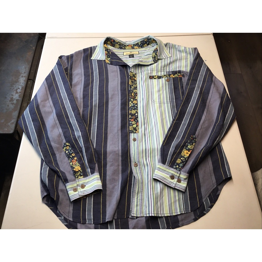 VTG Tommy Bahama Damaged 100% Silk Stripe Floral Long Sleeve Men's Shirt Size L